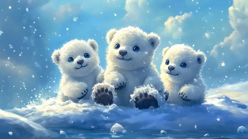 Three White Bear Cubs Winter Scene