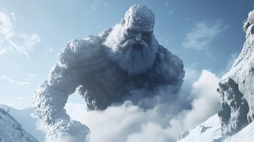 Colossal Stone Figure in Mountain Clouds