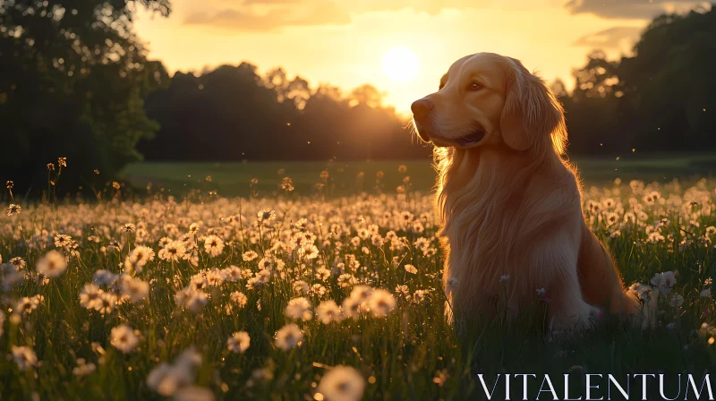 Dog Amidst Sunset Blossom AI Image