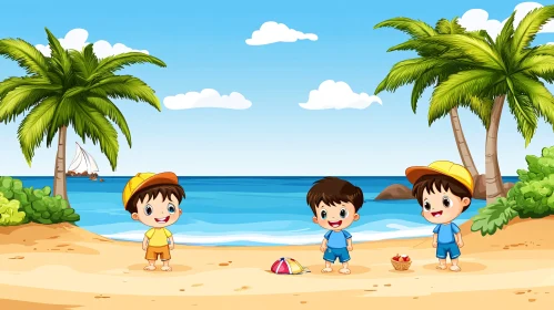 Boys' Beach Day Cartoon Illustration