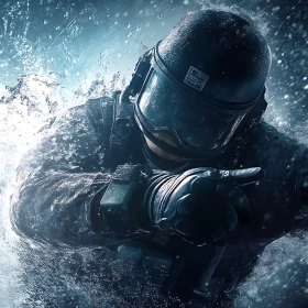 Tactical Soldier Pointing in Water