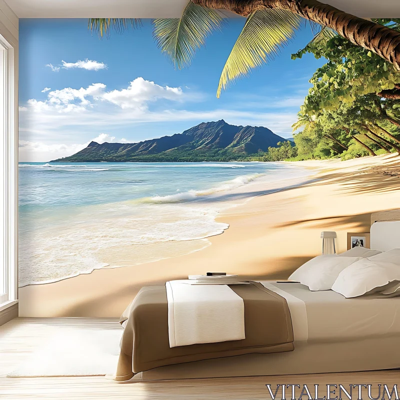 Serene Beachside Bedroom with Island Mural AI Image