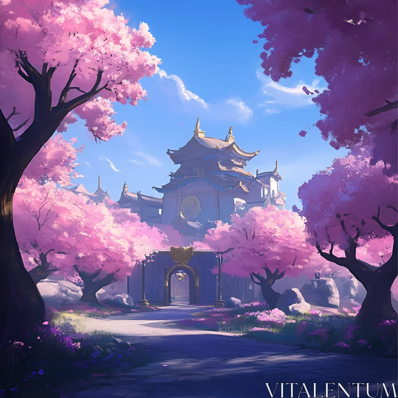 Cherry Blossoms by the Temple Gate AI Image