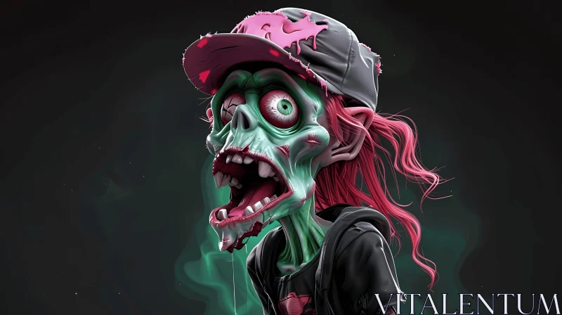 AI ART 3D Cartoon Zombie with Vibrant Red Hair and Baseball Cap