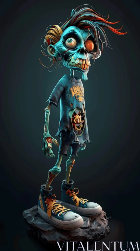 AI ART 3D Rendered Cartoon Zombie with Green Skin and Blue Hair