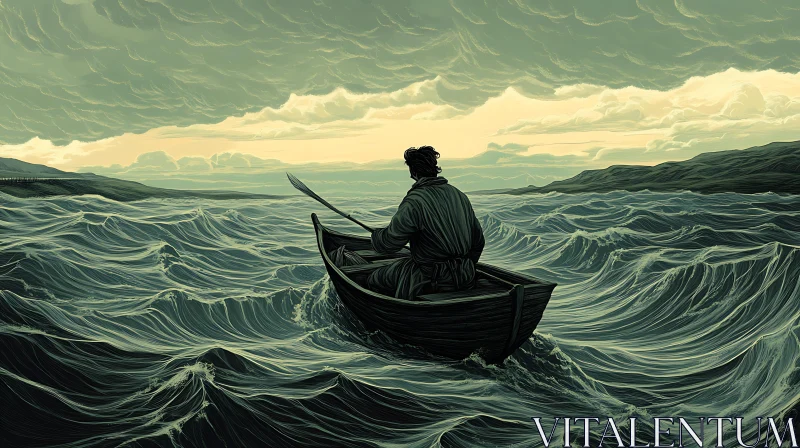 Man in Boat on Ocean Canvas Art AI Image