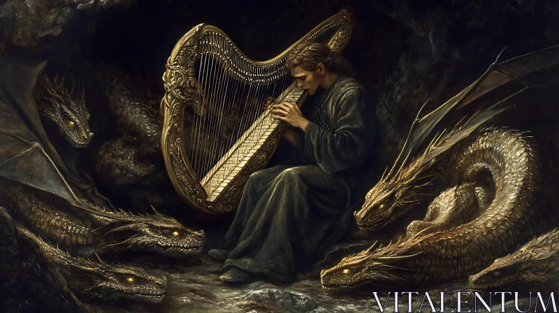 AI ART Harpist and Dragons: A Musical Encounter