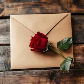 Red Rose and Kraft Envelope on Wood