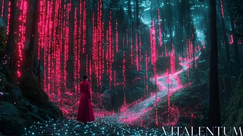 AI ART Neon Lit Forest with Figure in Red