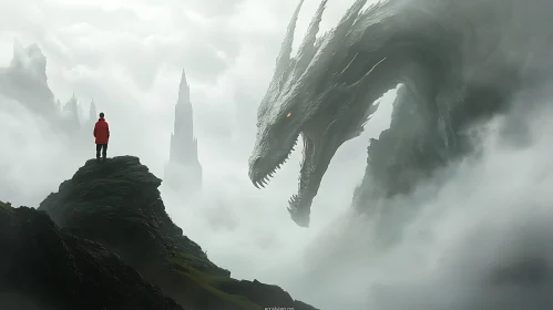 Man and Dragon in Misty Landscape