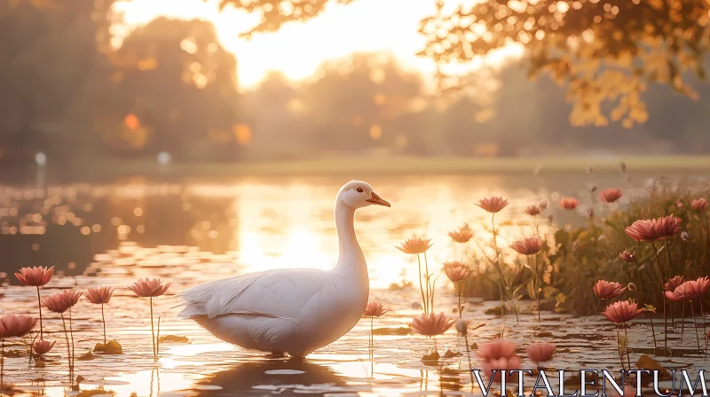 Peaceful Swan and Lotus Flower Scene AI Image