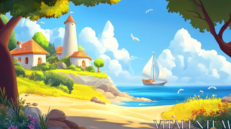 AI ART Seaside Lighthouse and Sailboat Cartoon Illustration