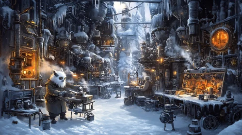 Snowy Robot Factory in Steampunk Style