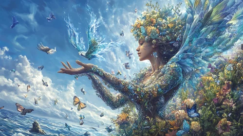 Floral Woman with Birds and Butterflies