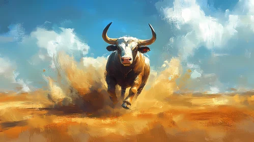 Energetic Bull Against Blue Skies