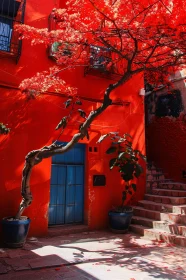 Urban Red Building with Blue Door