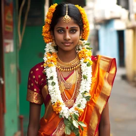 Woman in Traditional Dress with Flowers and Jewelry