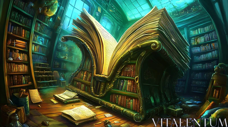 AI ART Whimsical Library Scene with Open Book