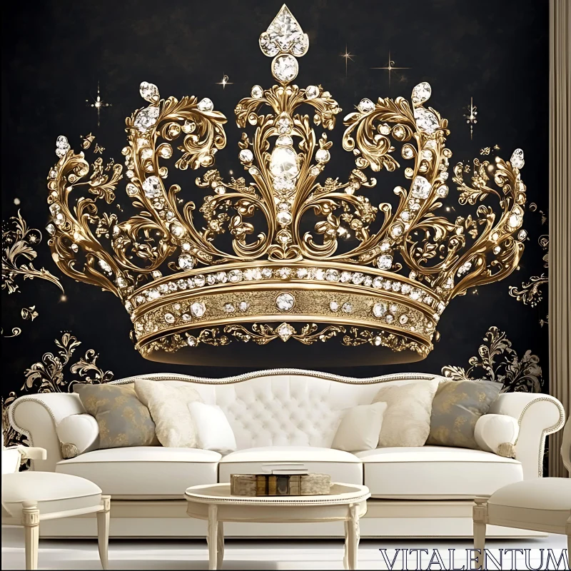 AI ART Luxurious Living Room with Elegant Gold Crown Decor