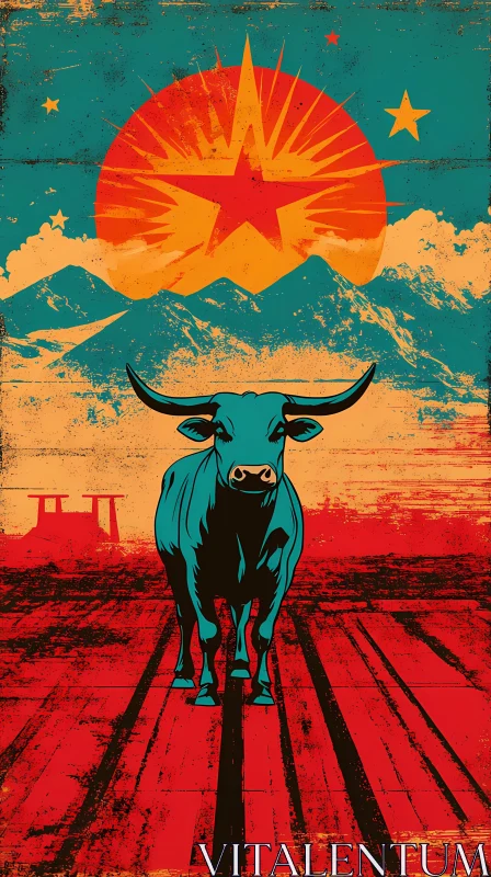 Bold Bull Illustration with Mountains and Star AI Image