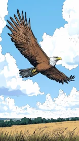 Eagle Gliding Over Field and Trees