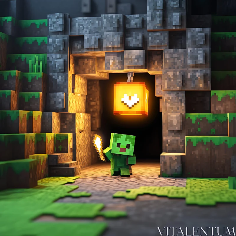 AI ART Green Pixel Character in Stone Cave