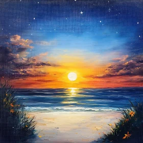 Tranquil Beach Sunset with Starry Sky