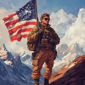 Patriotic Soldier on Mountain Peak