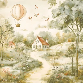 Peaceful Countryside Landscape Featuring a Cottage and Balloon