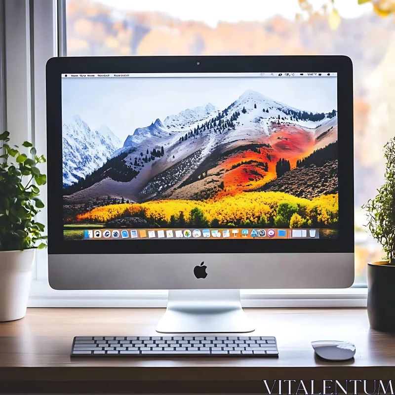 Modern Apple Desktop Setup with Nature Wallpaper AI Image