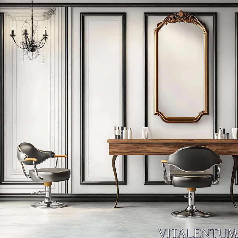 AI ART Sophisticated Salon Setup with Ornate Mirror and Chandelier