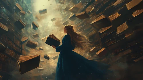 Enchanting Library Scene with Reading Woman