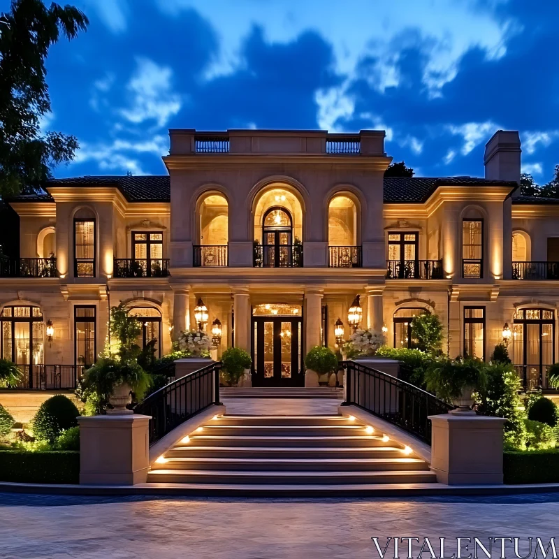 AI ART Lavishly Lit Mansion with Grand Stairs at Nightfall