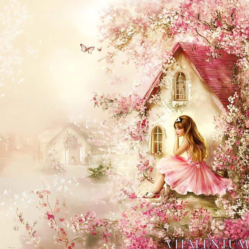 Dreamy Pink Blossom Cottage Portrait AI Image