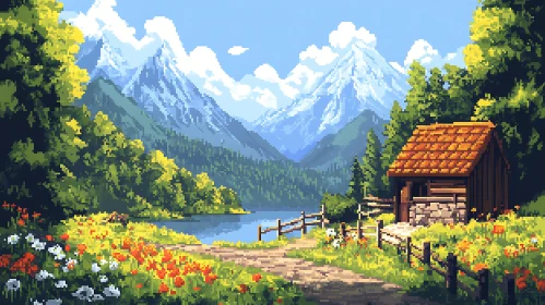 Scenic Mountain Cabin Pixel Art