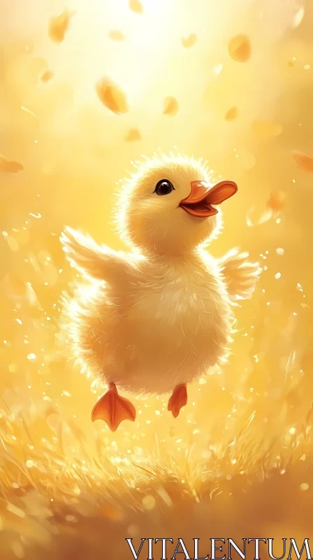 Playful Duckling Amidst Sunlit Glow AI Image