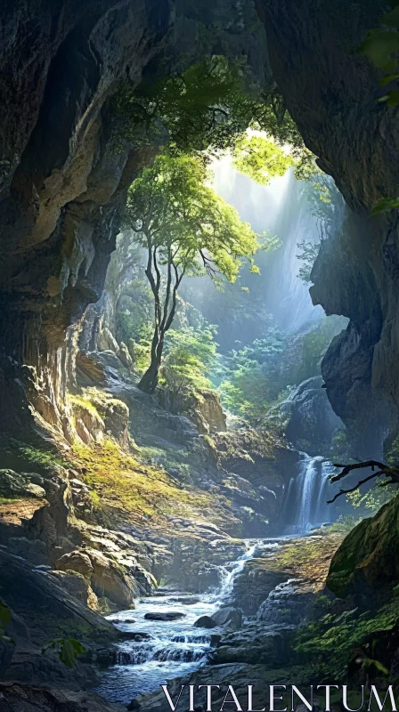 AI ART Tranquil Stream and Trees in Sunlit Cave