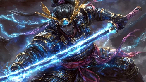 Blue Lightning Samurai Warrior Illustration