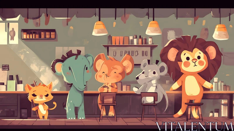 Cartoon Animals in a Cozy Cafe AI Image