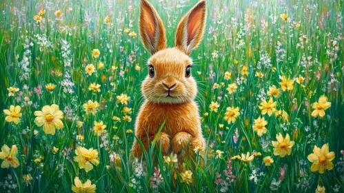 Rabbit in a Field of Yellow Flowers