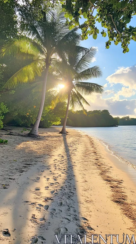 AI ART Sunlit Beach with Palm Trees and Footprints