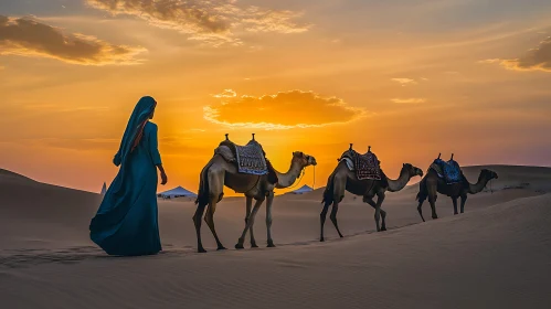 Camels in Desert at Sunset