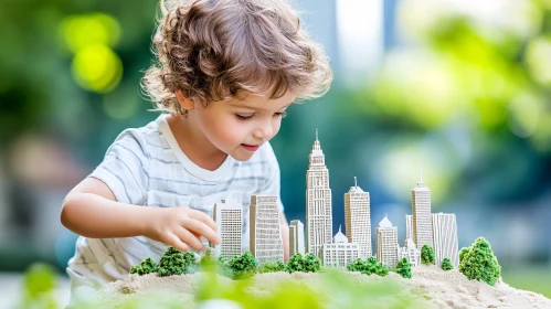 Boy Imagines City with Toy Buildings