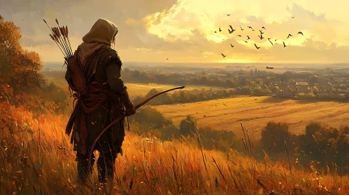 Hooded Archer Overlooking Golden Fields