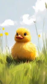 Cute Duckling Among Flowers