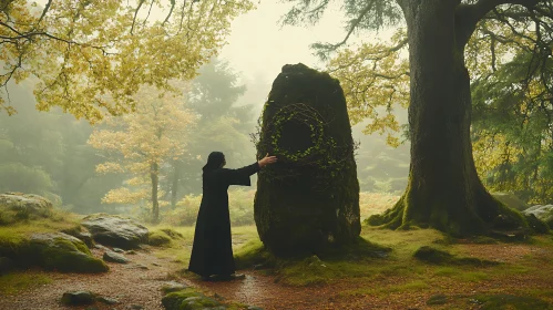 Cloaked Figure in Forest Touching Stone