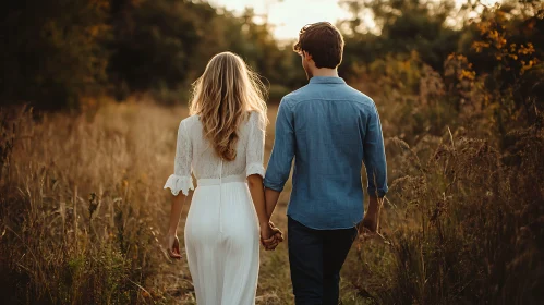 Couple Holding Hands in Meadow at Sunset