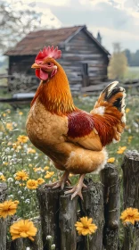 Rooster on Fence with Flowers