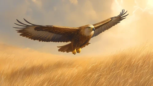 Eagle in Flight Over Golden Fields