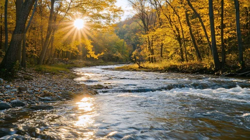 Golden Sunlight Reflecting on River in Fall Forest